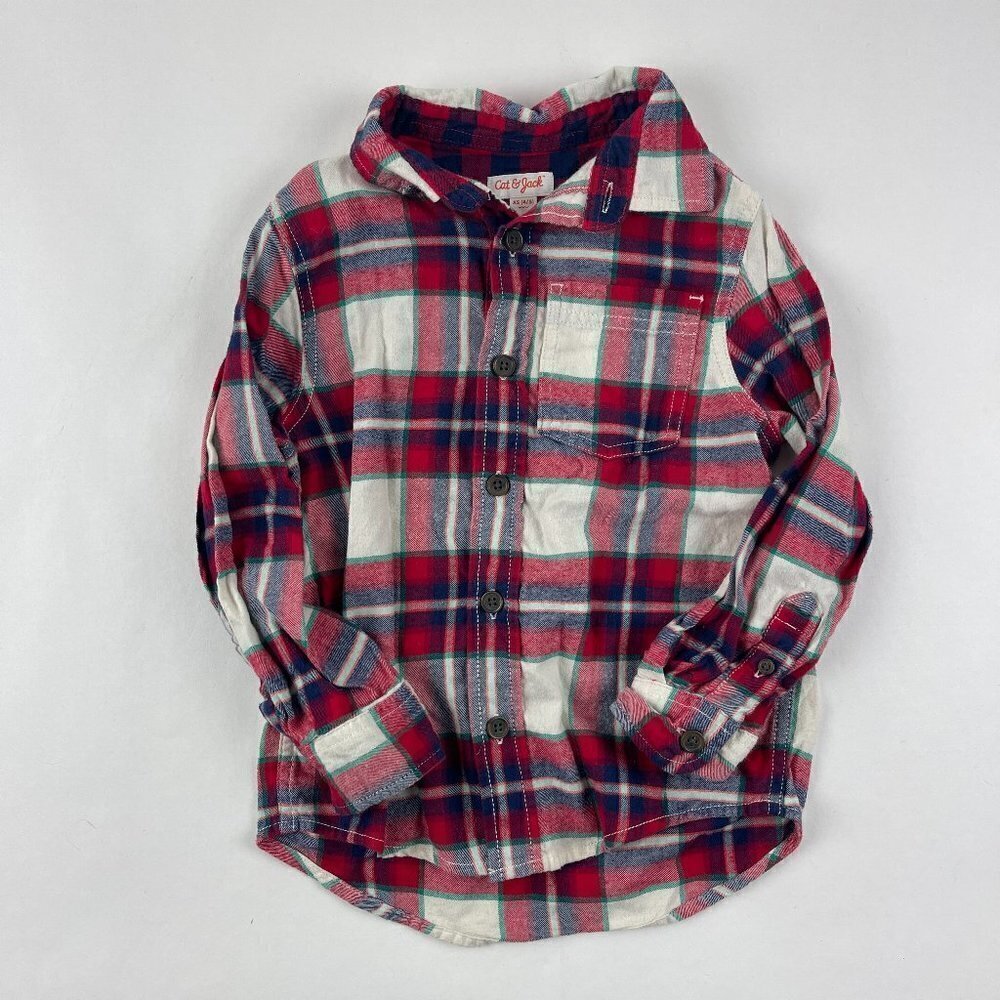 Cat & Jack Flannel Shirt Boys Size XS 4/5 Red White Plaid Long Sleeve Pocket